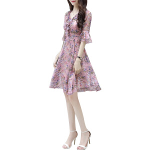 连衣裙女2020夏季新款时尚修身中长款气质流行小个子碎花裙子 花色 L(建议105-115斤)