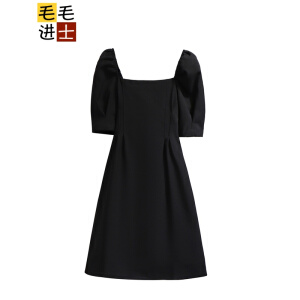 毛毛进士复古小黑裙子连衣裙2020新款夏装大码女装胖mm遮肚显瘦连衣裙微胖妹妹方领裙子GD8011 黑色 大码XXXXL